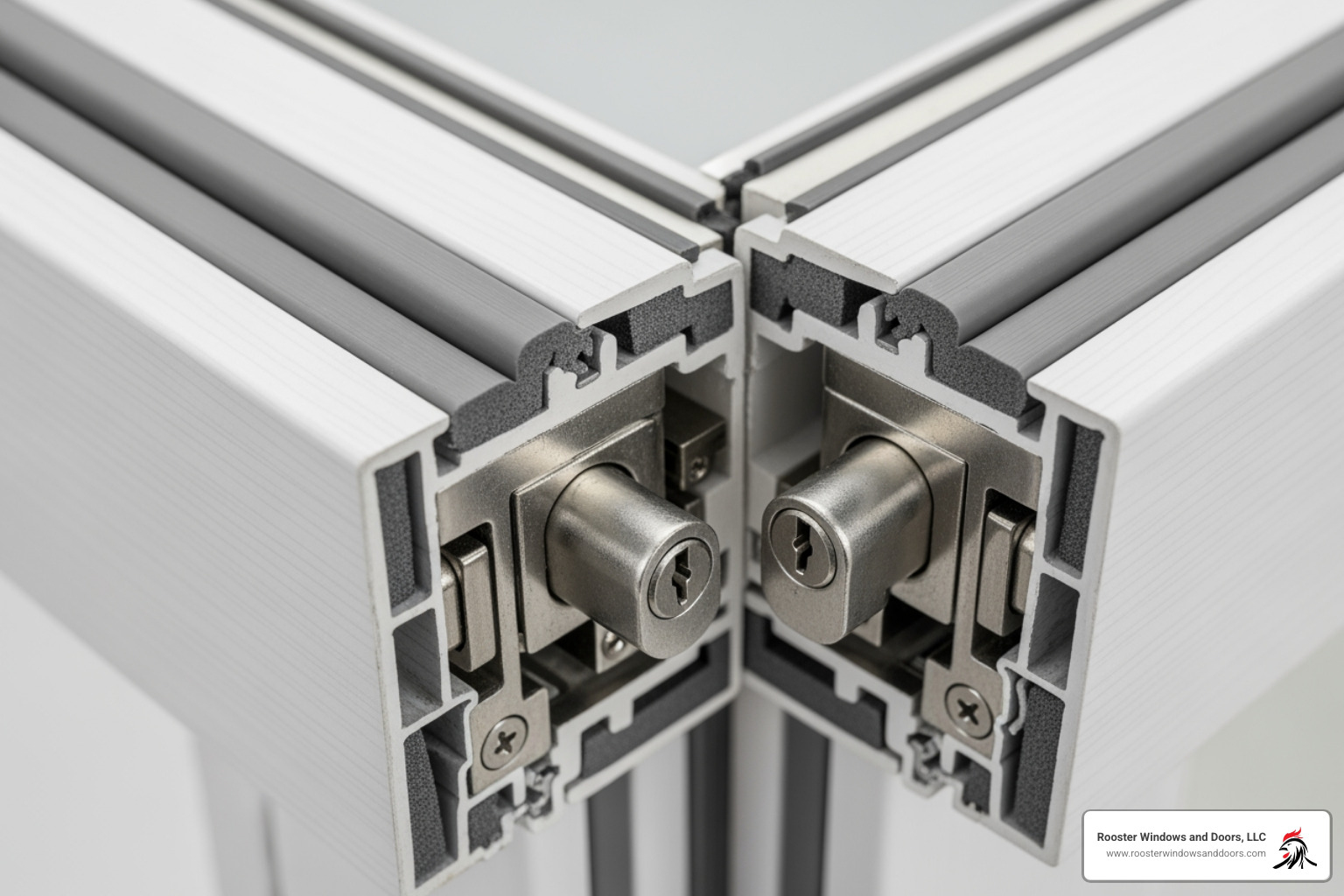 image showing a close-up of a vinyl hopper window's multi-point locking hardware and weatherstripping - hopper window