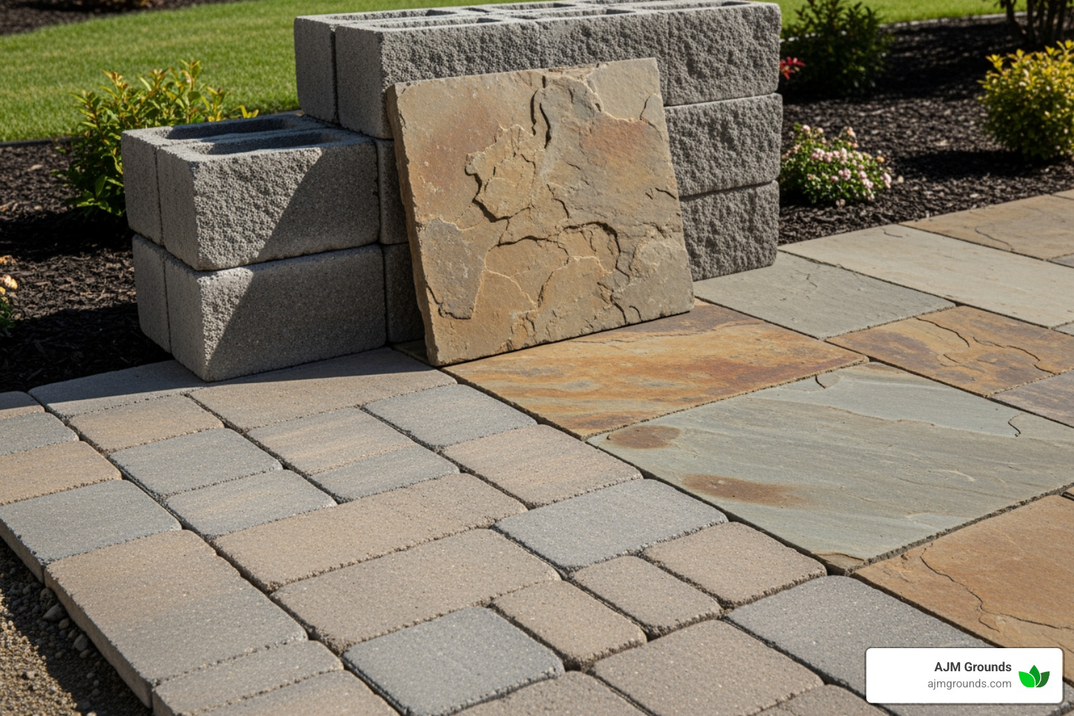 Various hardscaping materials including interlocking pavers, natural stone slabs, and concrete blocks for walls and patios - hardscape installers near me Various hardscaping materials including interlocking pavers, natural stone slabs, and concrete blocks for walls and patios - hardscape installers near me