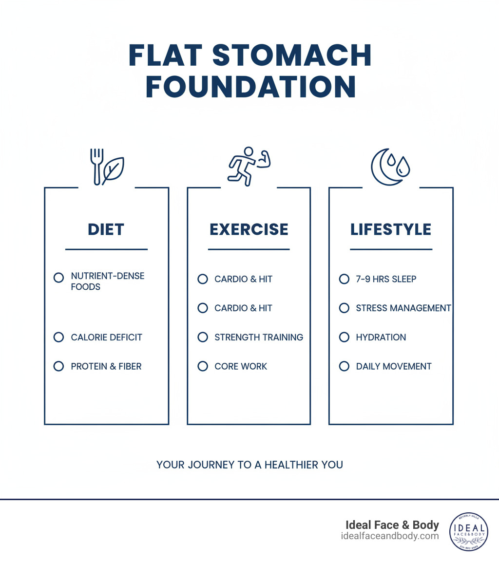 Infographic showing three pillars of achieving a flat stomach: Diet (nutrient-dense foods, calorie deficit, protein and fiber), Exercise (cardio, HIIT, strength training, core work), and Lifestyle (7-9 hours sleep, stress management, hydration, daily movement) - Get flat stomach infographic Infographic showing three pillars of achieving a flat stomach: Diet (nutrient-dense foods, calorie deficit, protein and fiber), Exercise (cardio, HIIT, strength training, core work), and Lifestyle (7-9 hours sleep, stress management, hydration, daily movement) - Get flat stomach infographic