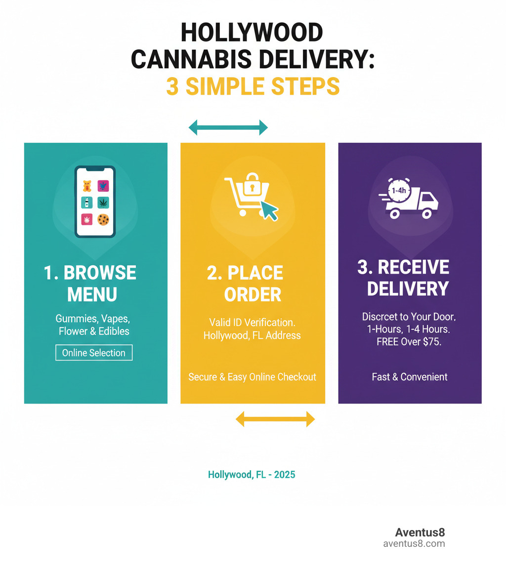 infographic showing three steps: 1. Browse Aventus8's online menu of hemp-derived THC products - gummies, vapes, flower, and edibles; 2. Place your order online with valid ID verification for Hollywood, FL delivery address; 3. Receive discreet delivery to your Hollywood door in 1-4 hours with free shipping over $75 - Hollywood cannabis delivery infographic 