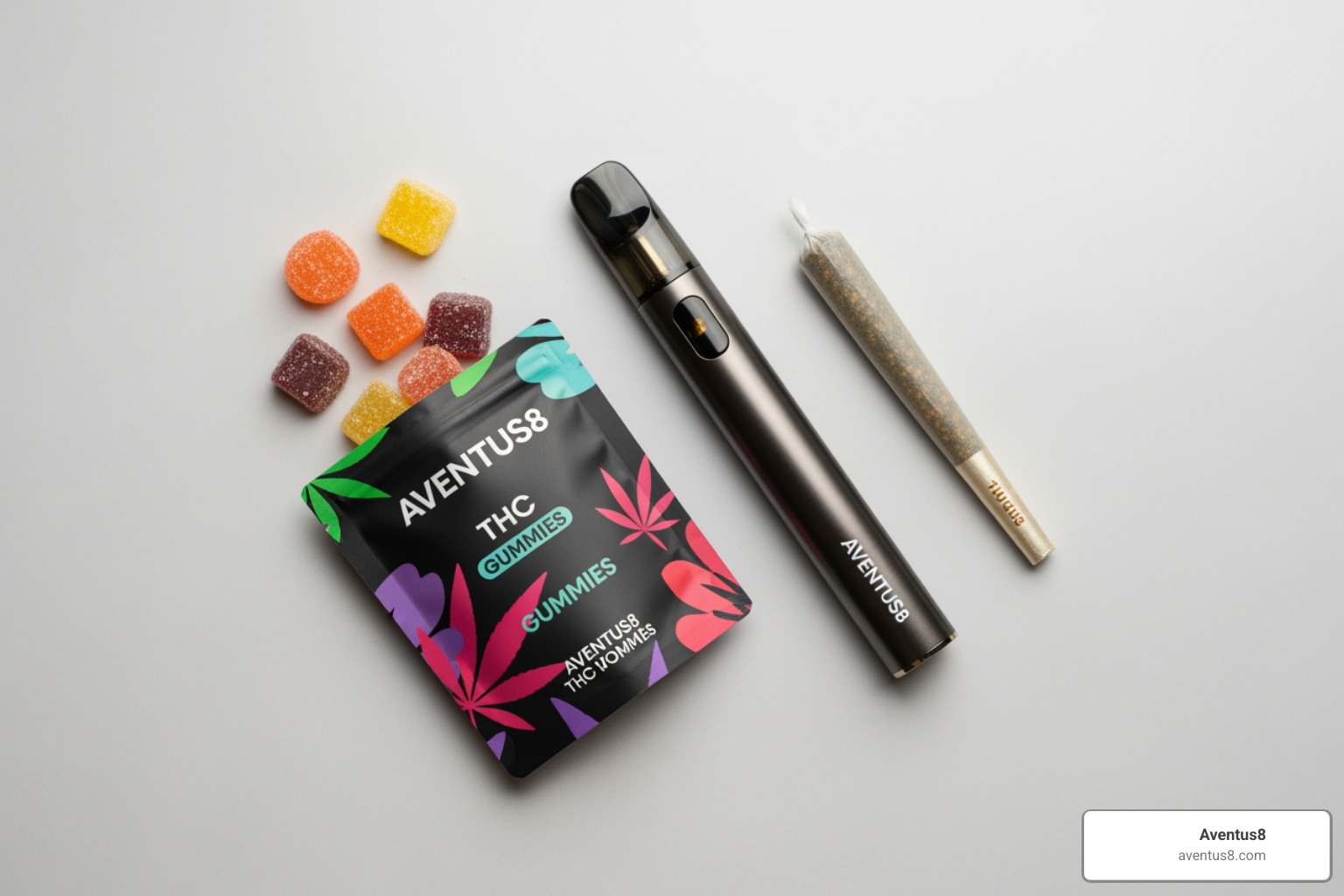 high-quality flat lay featuring Aventus8 THC gummies, a sleek Aventus8 vape pen, and a pre-rolled joint - Hollywood cannabis delivery