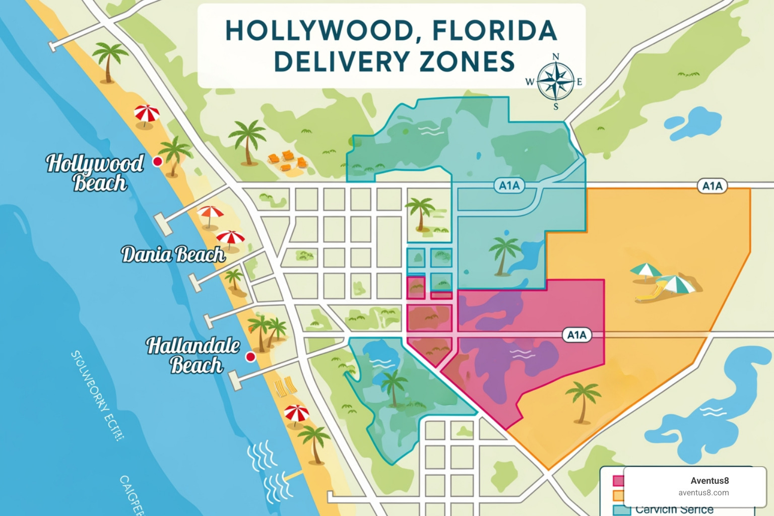 map showing the Hollywood, FL area with Aventus8 delivery zones highlighted over Hollywood Beach, Dania Beach, and Hallandale Beach - Hollywood cannabis delivery