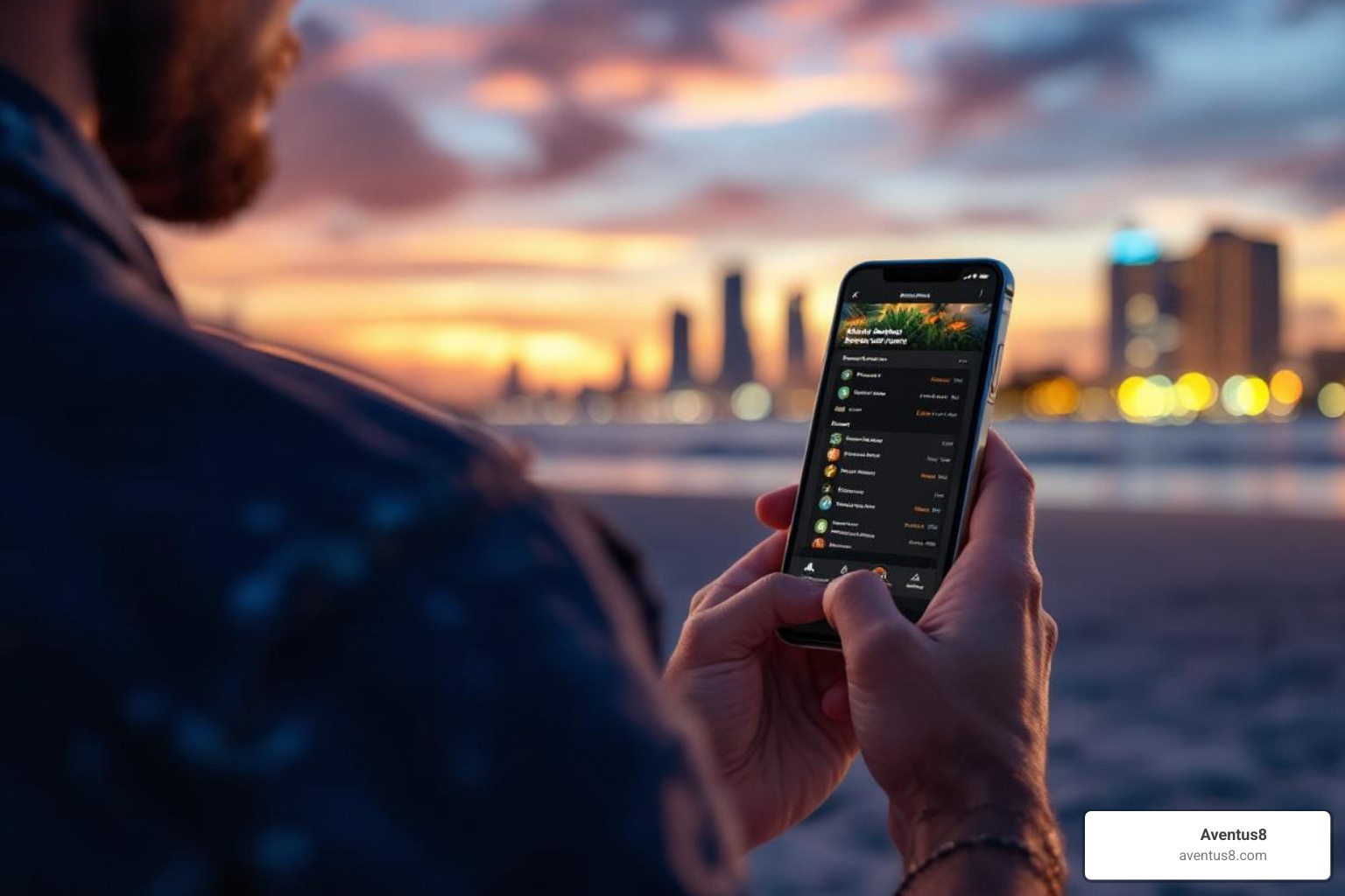person browsing Aventus8 cannabis menu on smartphone with a Hollywood Beach backdrop - Hollywood cannabis delivery