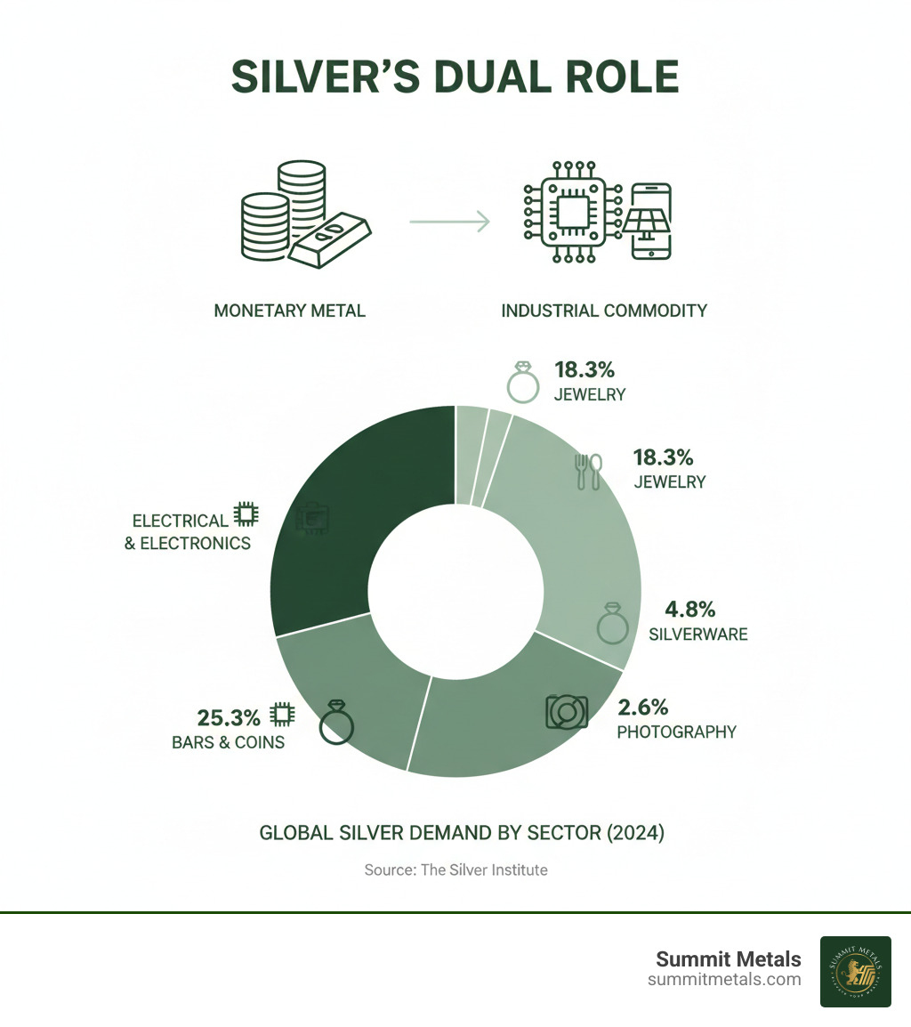 infographic showing silver's dual role as both monetary metal and industrial commodity, with breakdown of demand by sector: 49% electrical and electronics, 25.3% bars and coins, 18.3% jewelry, 4.8% silverware, 2.6% photography - investment in silver infographic infographic showing silver's dual role as both monetary metal and industrial commodity, with breakdown of demand by sector: 49% electrical and electronics, 25.3% bars and coins, 18.3% jewelry, 4.8% silverware, 2.6% photography - investment in silver infographic
