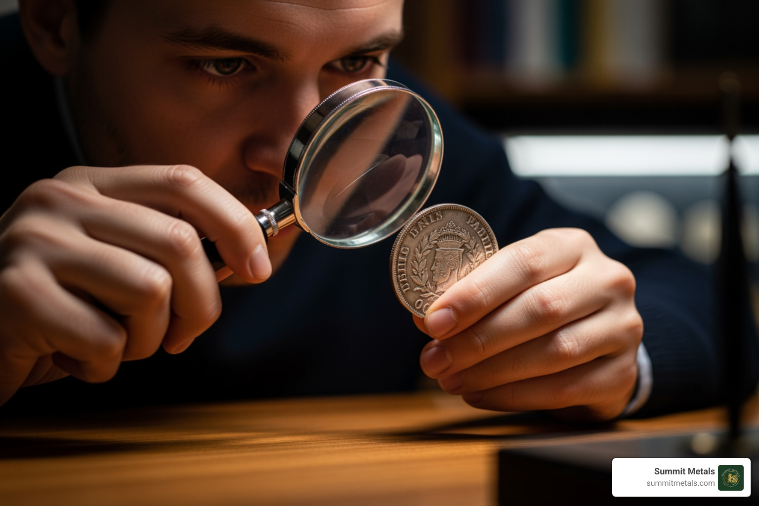 person examining silver coin with magnifying glass - investment in silver person examining silver coin with magnifying glass - investment in silver