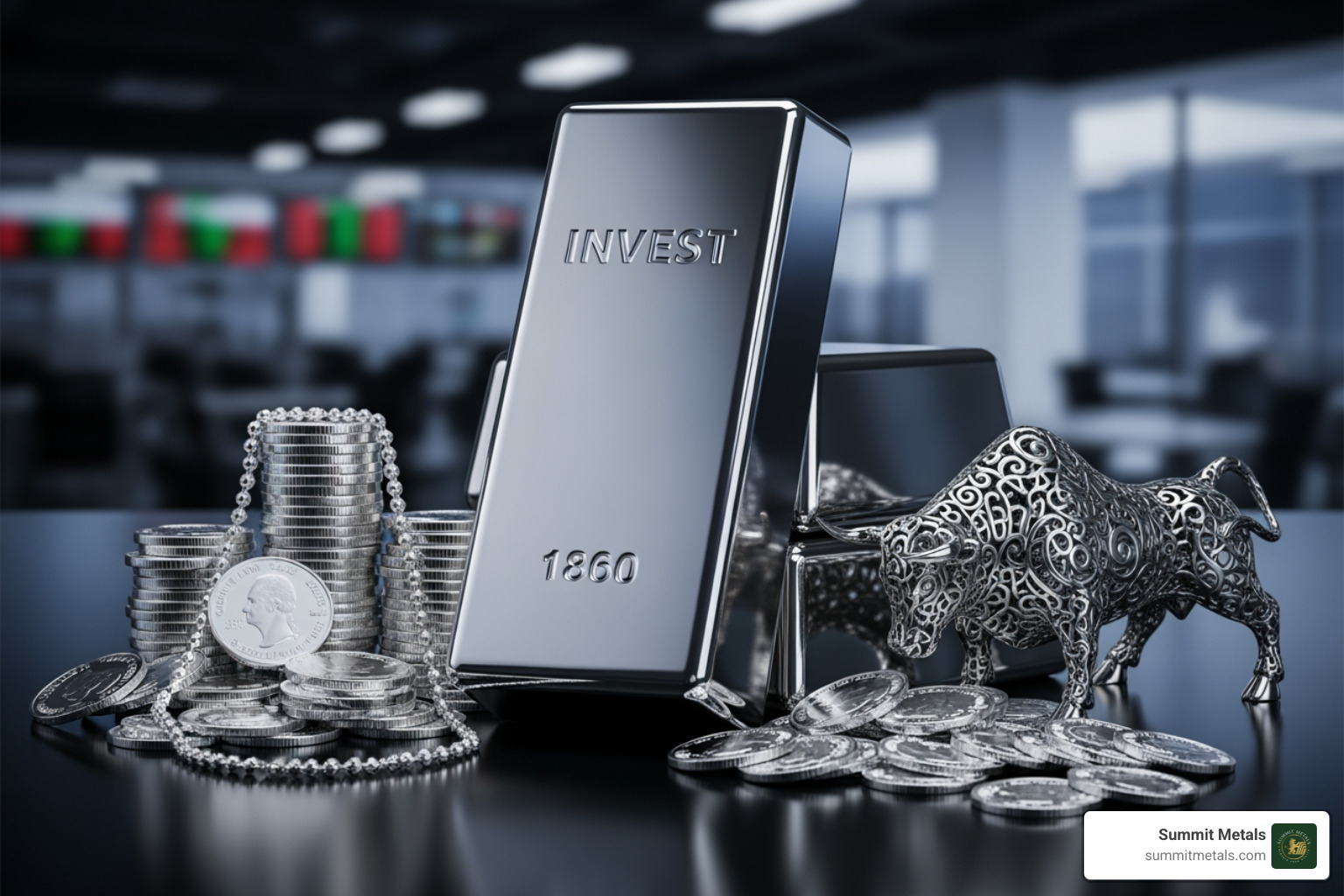 popular silver coins like American Silver Eagle and Canadian Maple Leaf next to a 10 oz silver bar - investment in silver popular silver coins like American Silver Eagle and Canadian Maple Leaf next to a 10 oz silver bar - investment in silver