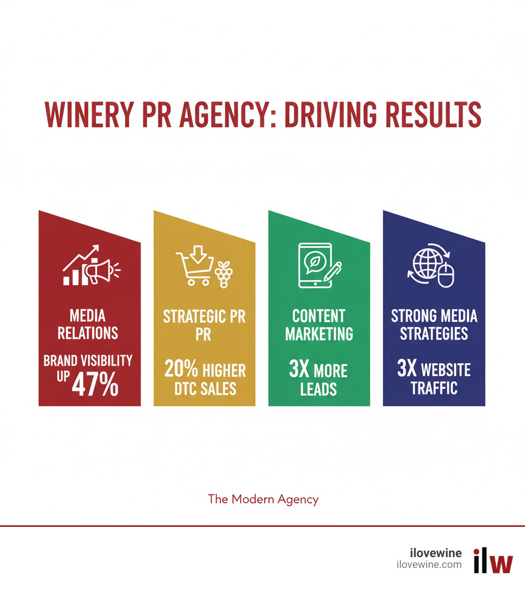 Infographic showing how a public relations agency for wineries drives results: media relations increases brand visibility by 47%, strategic PR leads to 20% higher DTC sales, content marketing generates 3x more leads than traditional marketing, and strong media strategies produce 3x increase in website traffic - public relations agency for wineries infographic 