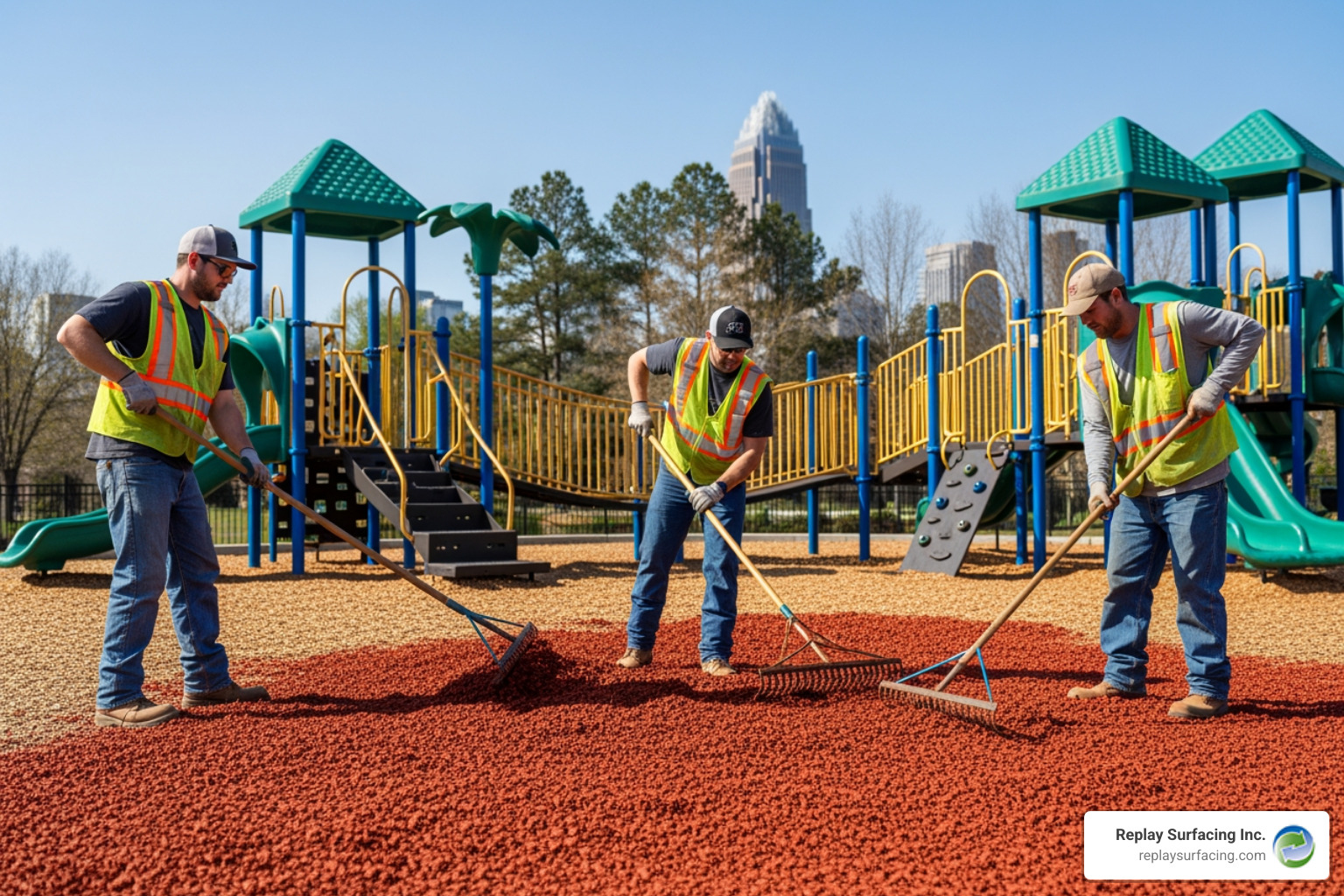 Professional crew installing rubber bark mulch in Charlotte, NC - rubber bark play area Charlotte NC Professional crew installing rubber bark mulch in Charlotte, NC - rubber bark play area Charlotte NC
