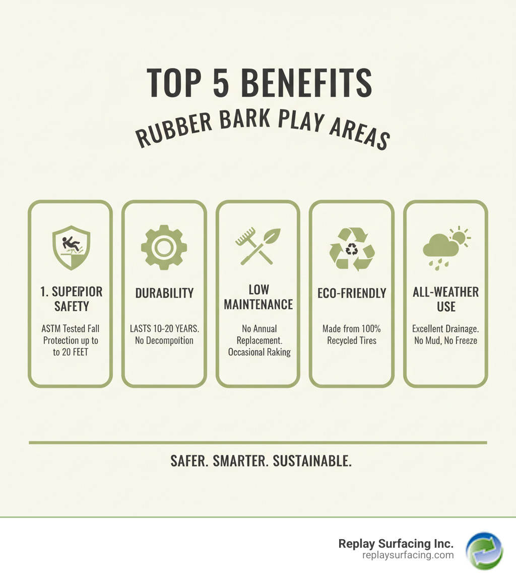 Infographic showing the top 5 benefits of rubber bark play areas: 1) Superior Safety - ASTM tested fall protection up to 20 feet with proper installation depth, 2) Durability - Lasts 10-20 years without decomposition or compaction, 3) Low Maintenance - No annual replacement needed, just occasional raking and cleaning, 4) Eco-Friendly - Made from 100% recycled tires, diverting waste from landfills, 5) All-Weather Use - Excellent drainage, won't freeze, blow away, or create mud - rubber bark play area Charlotte NC infographic Infographic showing the top 5 benefits of rubber bark play areas: 1) Superior Safety - ASTM tested fall protection up to 20 feet with proper installation depth, 2) Durability - Lasts 10-20 years without decomposition or compaction, 3) Low Maintenance - No annual replacement needed, just occasional raking and cleaning, 4) Eco-Friendly - Made from 100% recycled tires, diverting waste from landfills, 5) All-Weather Use - Excellent drainage, won't freeze, blow away, or create mud - rubber bark play area Charlotte NC infographic