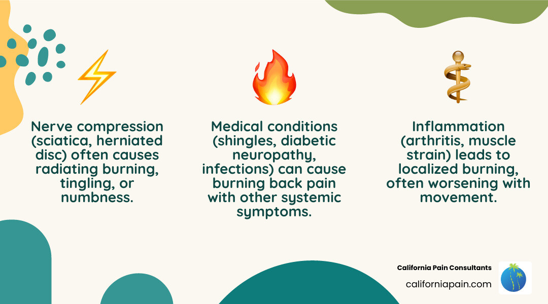 infographic showing lower back anatomy with labeled vertebrae, intervertebral discs, spinal cord, nerve roots, and common pain points highlighted in red indicating burning sensation areas - burning pain in lower back infographic 3_facts_emoji_nature