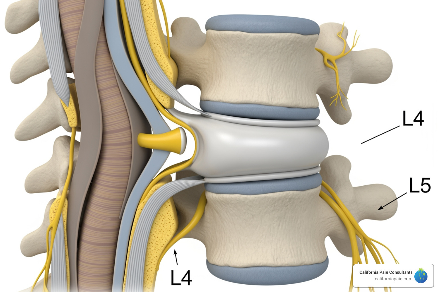 illustrating a herniated disc pressing on a nerve root - burning pain in lower back