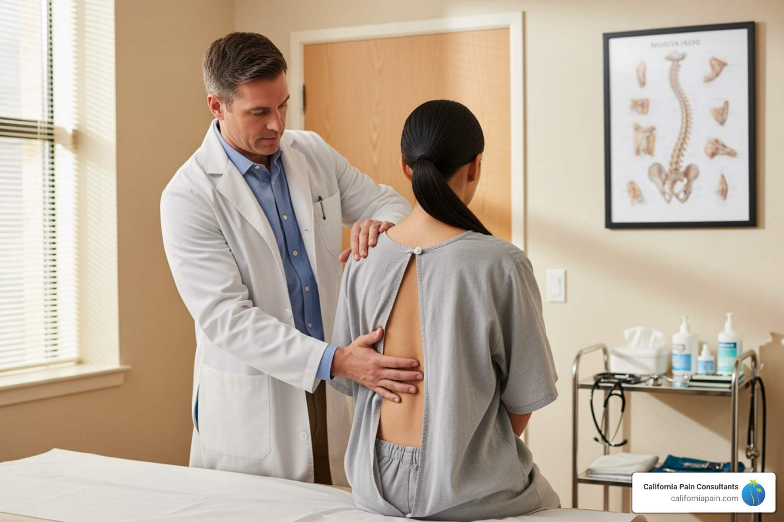 doctor performing physical exam on patient's back - burning pain in lower back