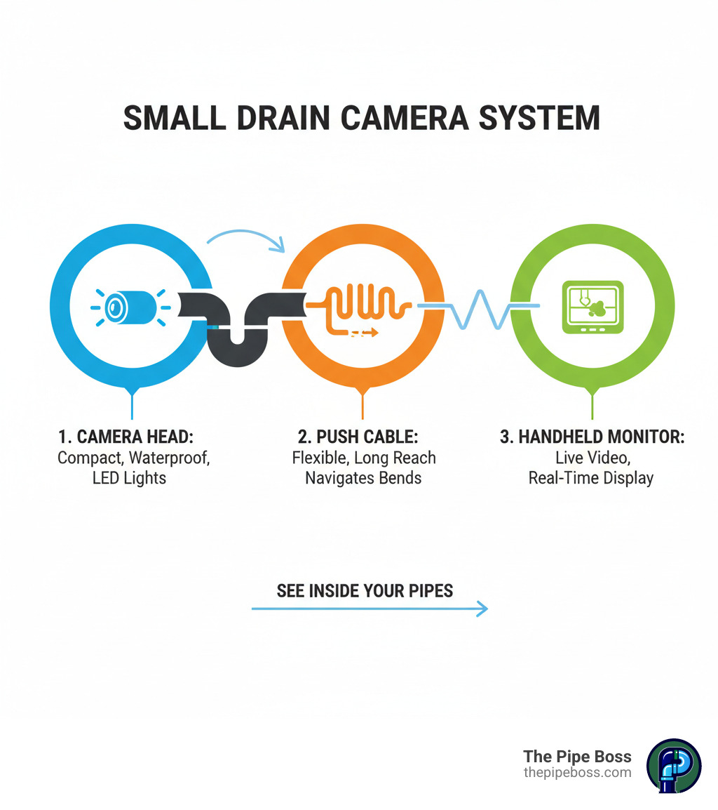 Infographic showing the three main components of a small drain camera system: a compact waterproof camera head with LED lights that fits into pipes, a flexible push cable that navigates bends and reaches deep into drains, and a handheld monitor that displays the live video feed in real time - small drain camera infographic 