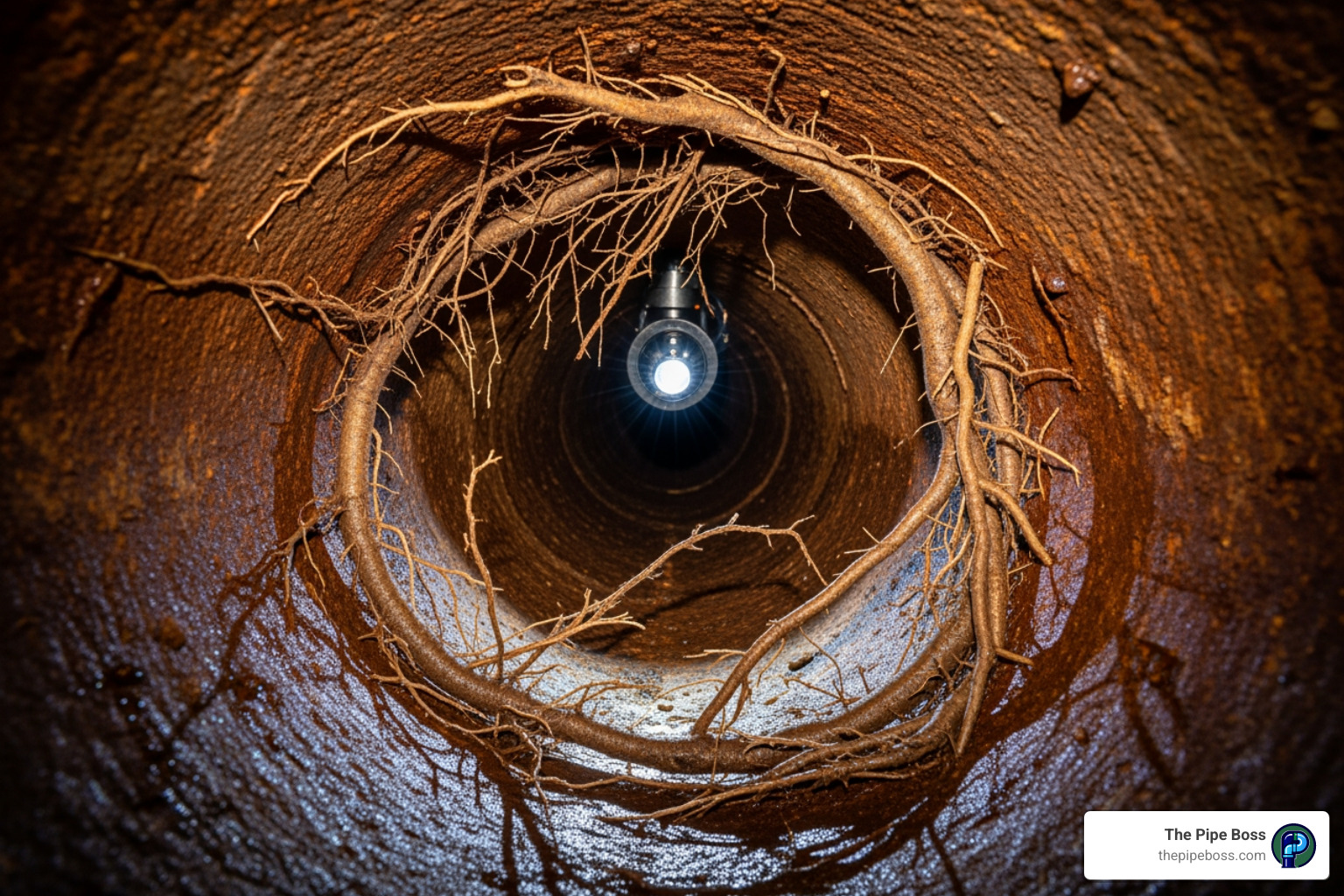 A clear, well-lit view inside a pipe showing a tree root intrusion, with a small camera head visible - small drain camera