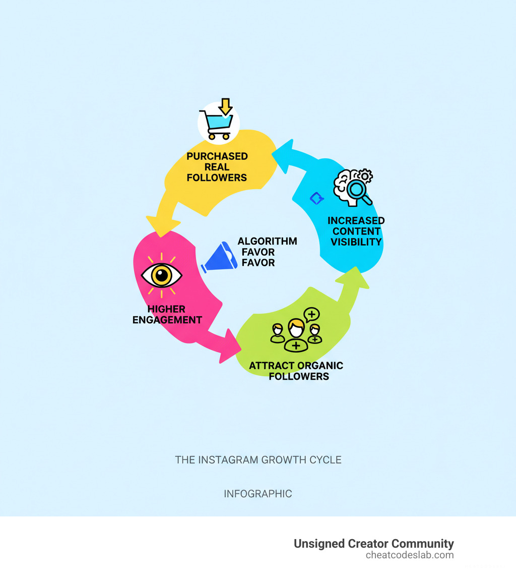 infographic showing the cycle of how purchased real followers trigger algorithm favor, leading to increased content visibility, which attracts organic followers, resulting in higher engagement and further algorithmic boost - best instagram followers infographic 