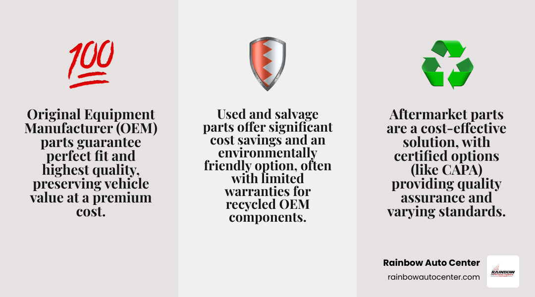 Infographic comparing three types of auto body parts available in Hayward CA: OEM parts shown with manufacturer logo and highest quality rating, Aftermarket parts with CAPA certification badge and medium cost indicator, and Used/Salvage parts with recycling symbol and lowest price tag, each with pros and cons listed below including fit guarantee, warranty coverage, cost savings, and environmental impact - auto body parts in hayward ca infographic 3_facts_emoji_grey