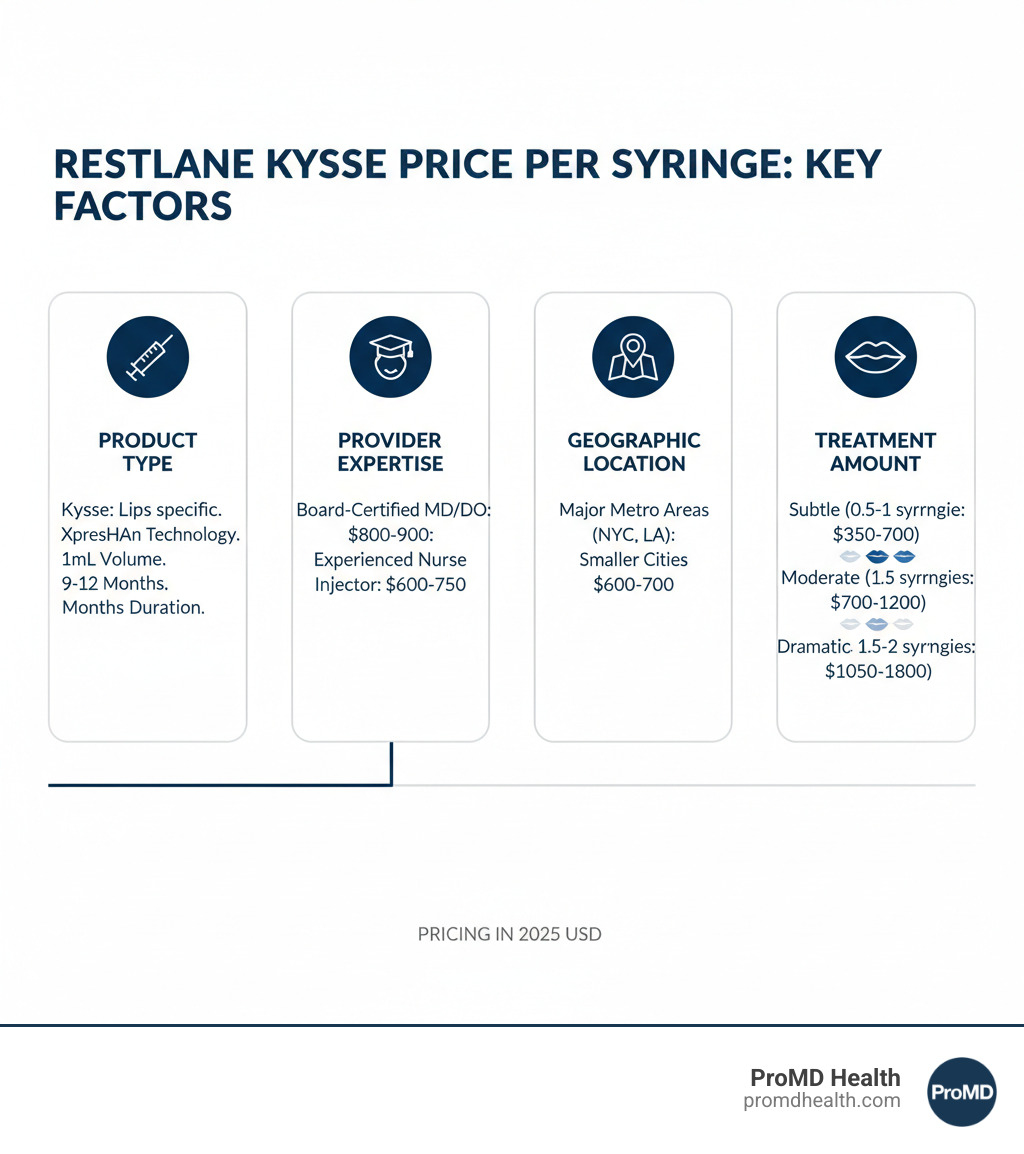 Infographic showing four key factors that determine Restylane Kysse price per syringe: Product Type (Kysse specifically formulated for lips with XpresHAn Technology, 1mL volume, lasts 9-12 months), Provider Expertise (board-certified dermatologists and plastic surgeons typically charge $800-900 while experienced nurse injectors charge $600-750), Geographic Location (major metro areas like NYC and LA cost $800+ while smaller cities average $600-700), and Treatment Amount (subtle enhancement needs 0.5-1 syringe costing $350-700, moderate volume needs 1-1.5 syringes costing $700-1200, dramatic results need 1.5-2 syringes costing $1050-1800) - restylane kysse price per syringe infographic Infographic showing four key factors that determine Restylane Kysse price per syringe: Product Type (Kysse specifically formulated for lips with XpresHAn Technology, 1mL volume, lasts 9-12 months), Provider Expertise (board-certified dermatologists and plastic surgeons typically charge $800-900 while experienced nurse injectors charge $600-750), Geographic Location (major metro areas like NYC and LA cost $800+ while smaller cities average $600-700), and Treatment Amount (subtle enhancement needs 0.5-1 syringe costing $350-700, moderate volume needs 1-1.5 syringes costing $700-1200, dramatic results need 1.5-2 syringes costing $1050-1800) - restylane kysse price per syringe infographic