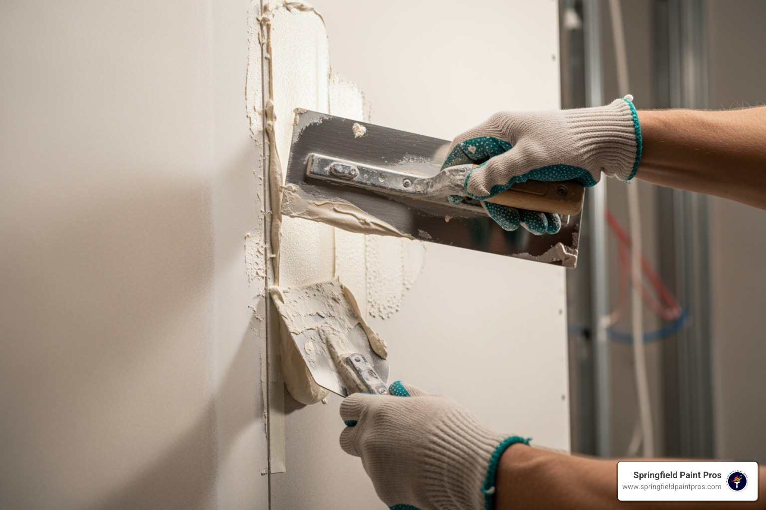 contractor applying joint compound to a drywall seam with a trowel - hire drywall contractor