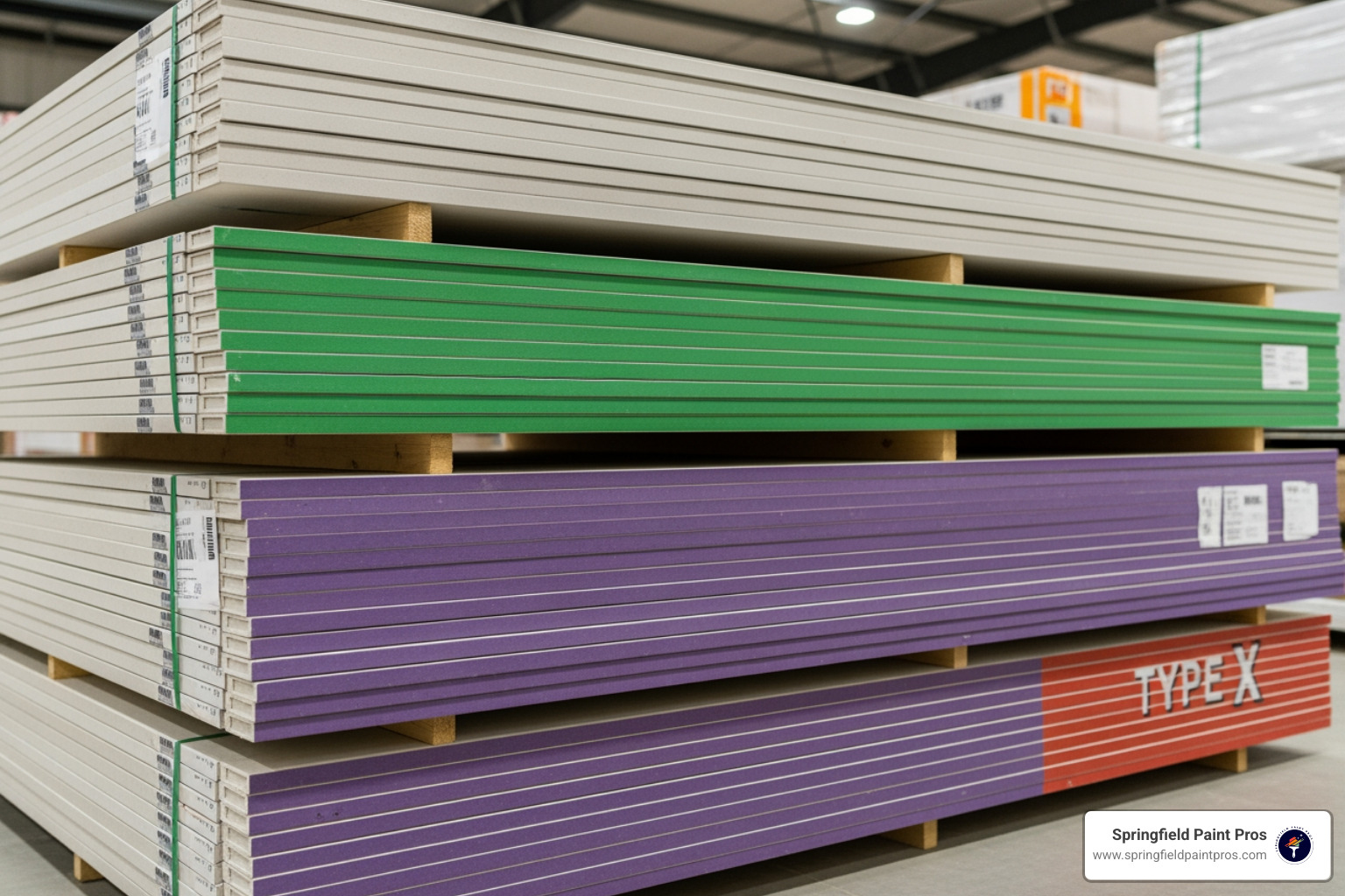 different colored drywall panels (standard, green, purple, Type X) stacked in a warehouse - hire drywall contractor