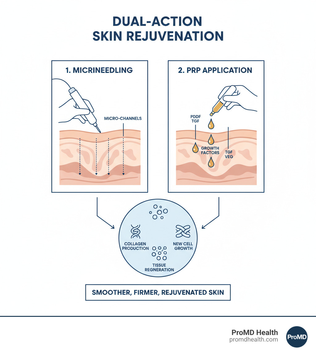 Infographic showing the dual-action process: microneedling device creating micro-channels in the skin layers, followed by PRP application delivering growth factors (PDGF, TGF, VEGF) into these channels to stimulate collagen production, new cell growth, and tissue regeneration - prp microneedling infographic Infographic showing the dual-action process: microneedling device creating micro-channels in the skin layers, followed by PRP application delivering growth factors (PDGF, TGF, VEGF) into these channels to stimulate collagen production, new cell growth, and tissue regeneration - prp microneedling infographic