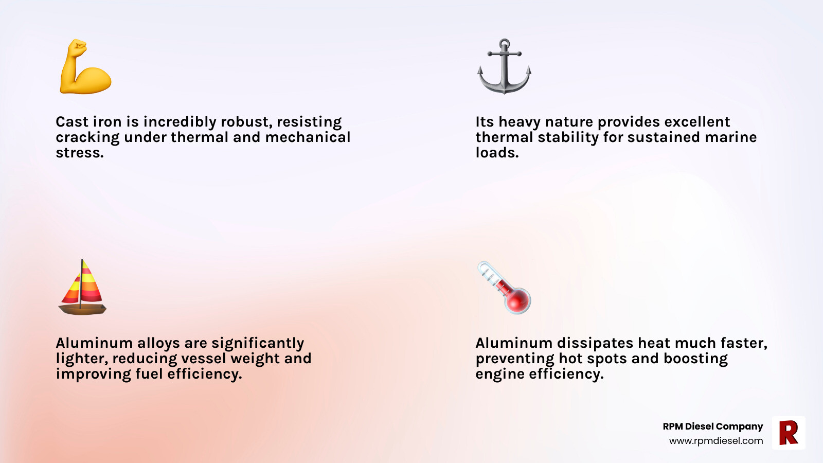 table comparing cast iron vs aluminum cylinder heads - diesel engine cylinder head infographic 4_facts_emoji_light-gradient