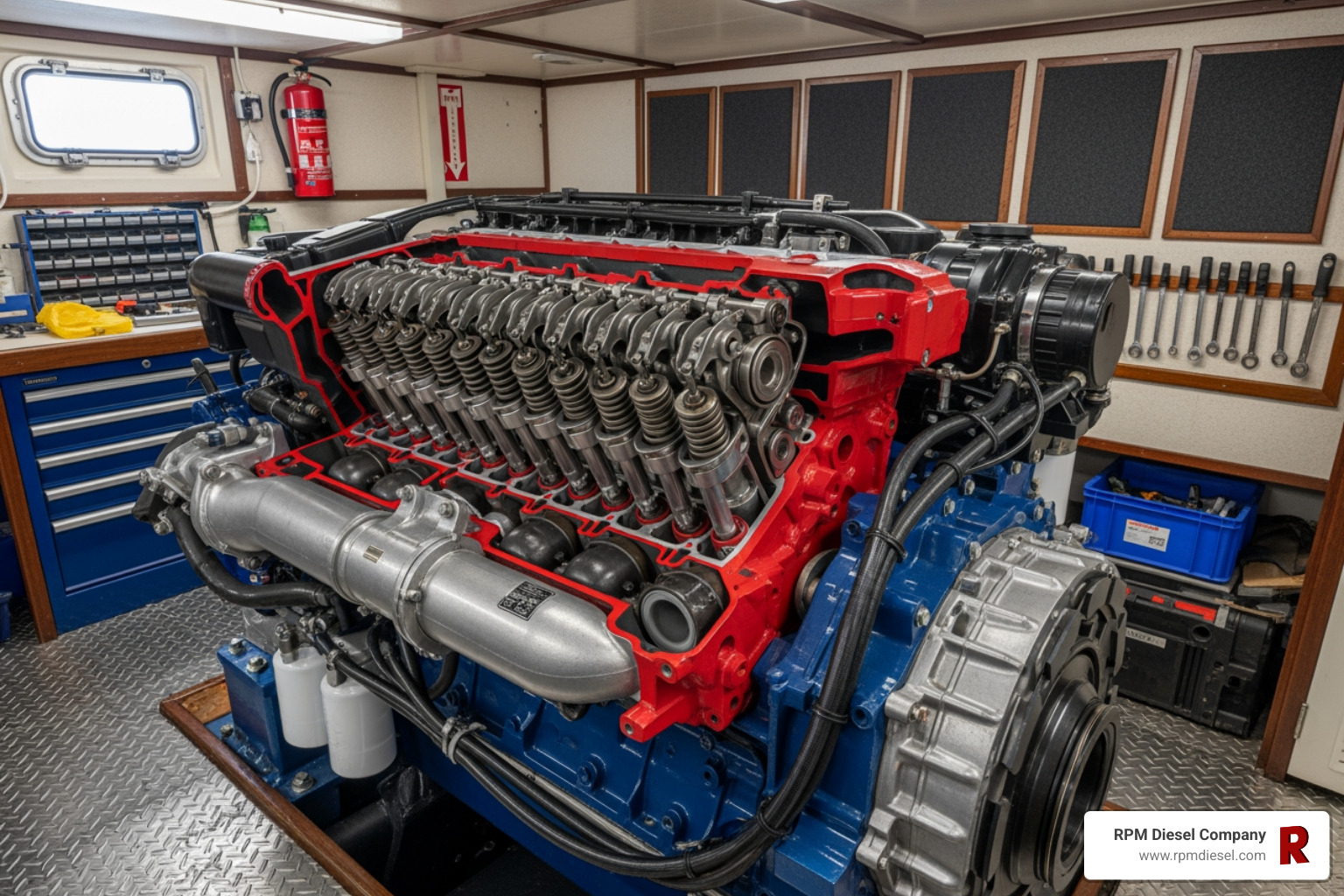 cutaway marine diesel engine highlighting cylinder head - diesel engine cylinder head