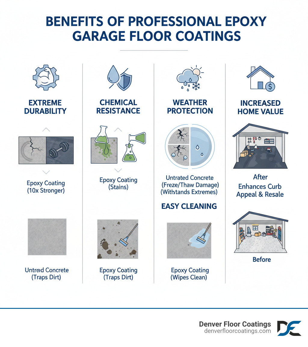 infographic showing benefits of professional epoxy garage floor coatings including extreme durability, chemical resistance, weather protection, easy cleaning, and increased home value with visual comparisons - epoxy garage floor companies denver infographic 