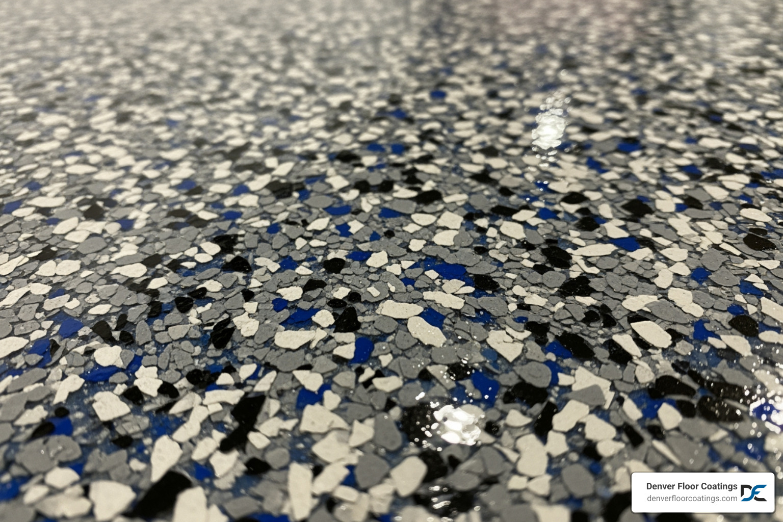 close-up of a durable, decorative flake epoxy floor - epoxy garage floor companies denver