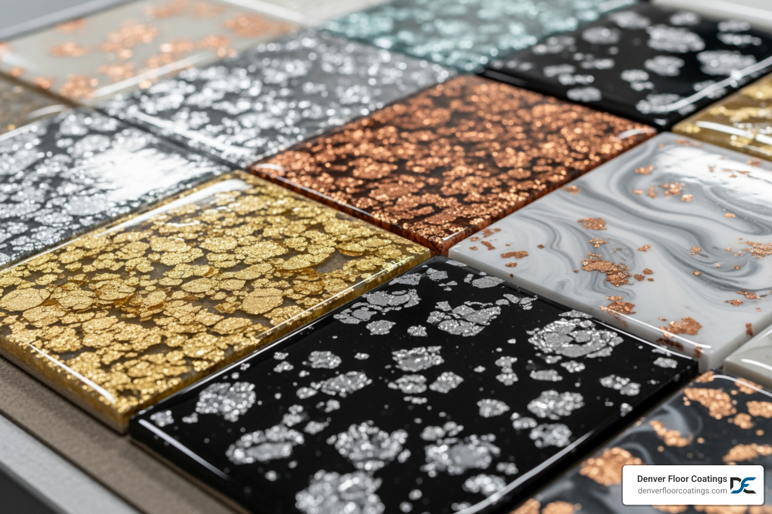 various epoxy floor color and flake samples - epoxy garage floor companies denver
