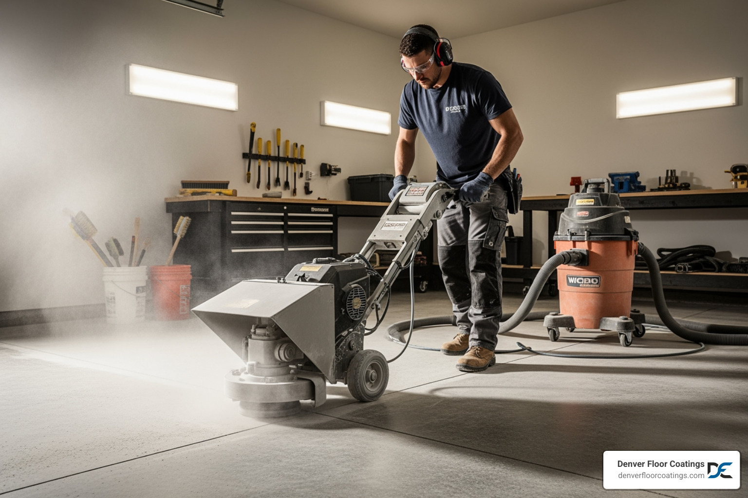 professional installer using a diamond grinder to prepare a concrete floor - epoxy garage floor companies denver