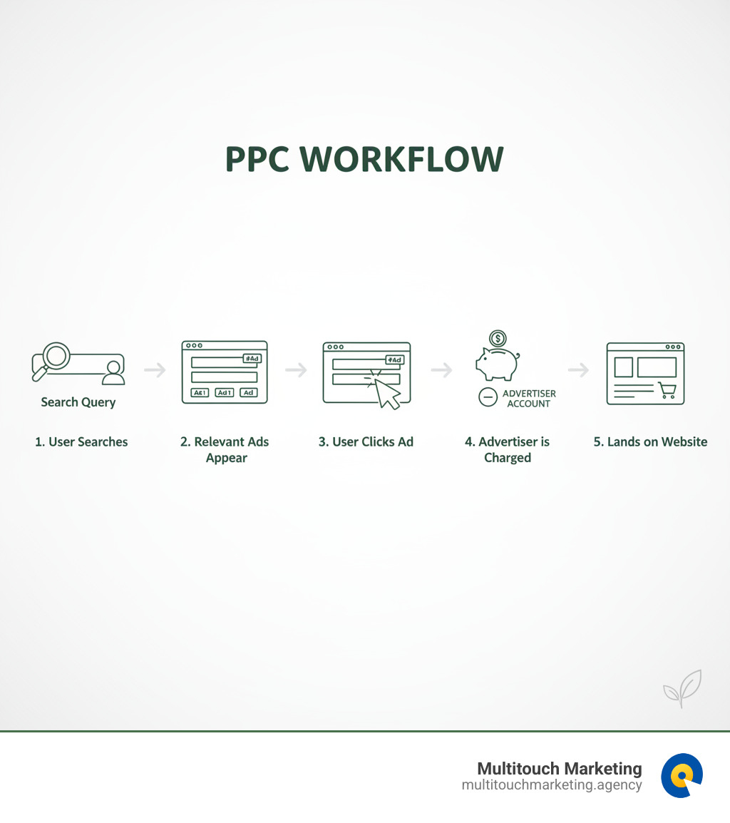 Infographic showing the basic PPC workflow: User enters search query on search engine, relevant PPC ads appear at top of results page, user clicks on ad, advertiser is charged for the click, user lands on business website or landing page - Online advertising PPC infographic 