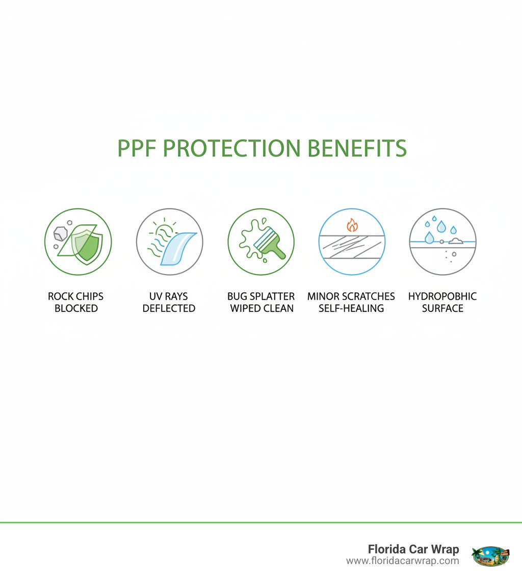 Infographic showing PPF protection benefits: rock chips blocked by clear film layer, UV rays deflected, bug splatter wiped clean, minor scratches self-healing with heat, and hydrophobic surface repelling water and dirt - i20 ppf cost infographic 
