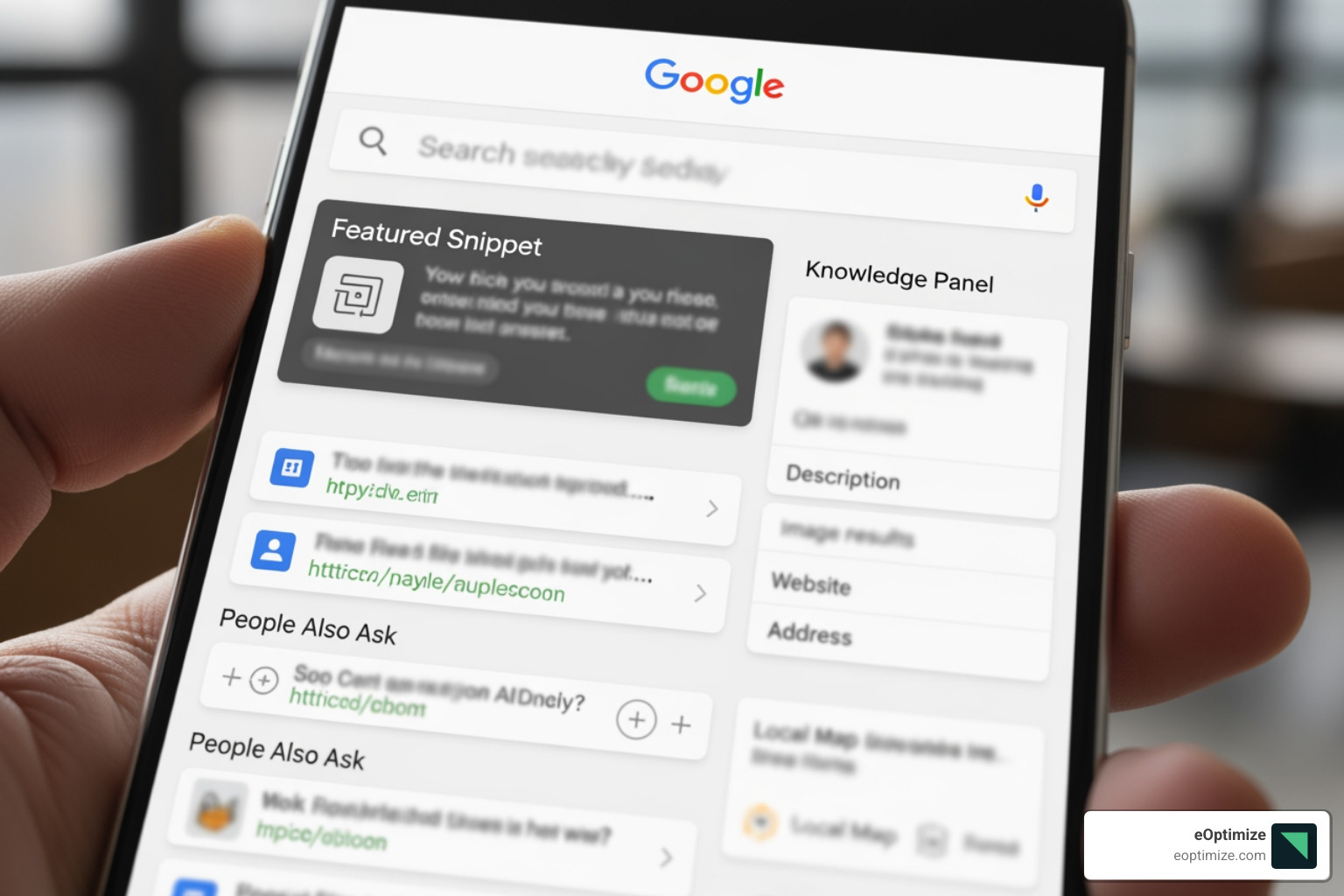 Collage of various Google SERP features including a Featured Snippet, People Also Ask box, and a Knowledge Panel - New Google SERP