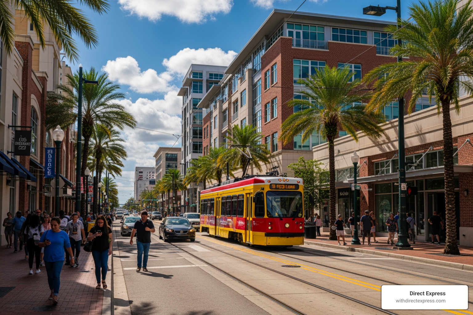 busy street in the Channel District with pedestrians and the TECO Line Streetcar - condo for rent downtown tampa