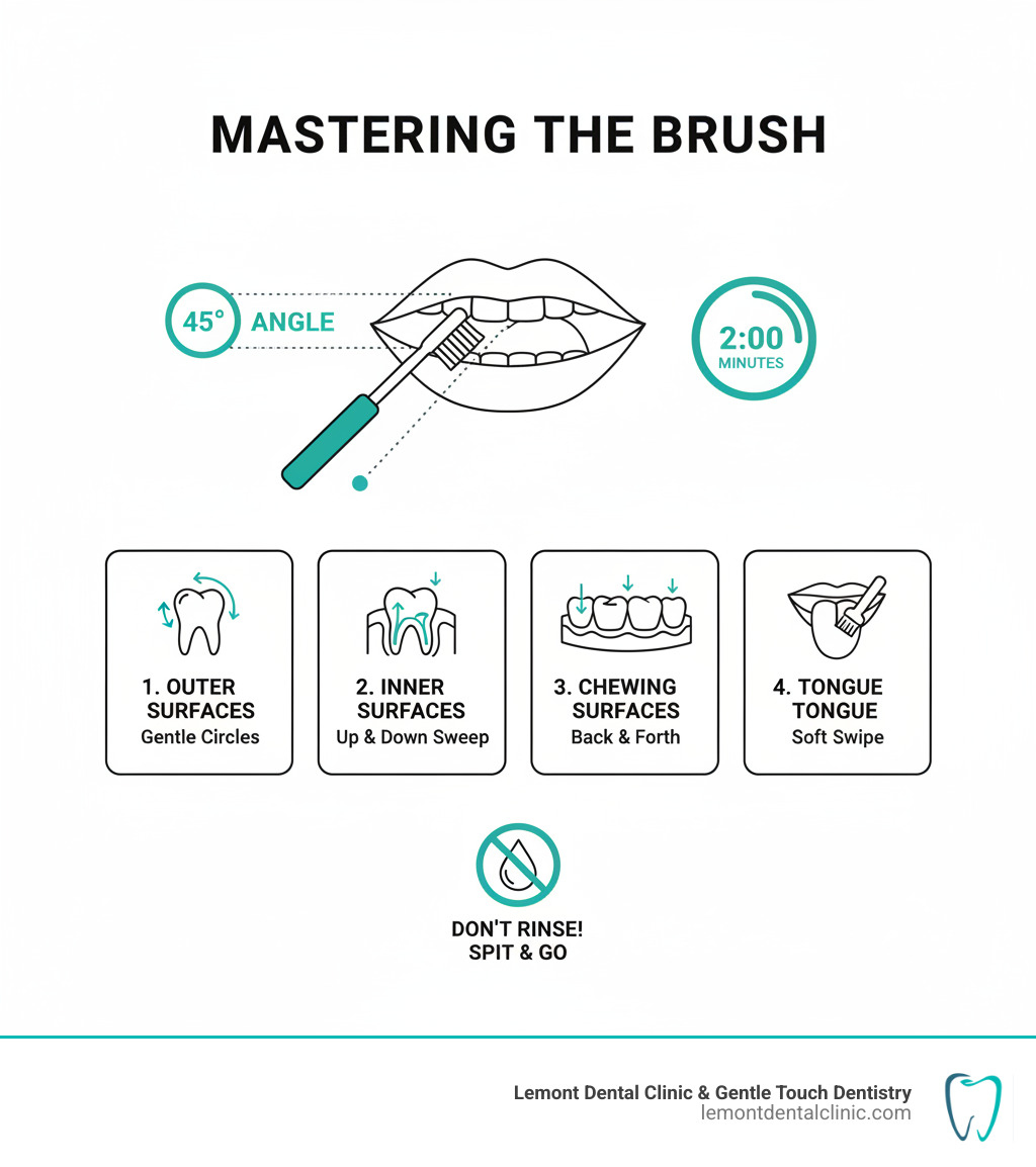 infographic showing proper tooth brushing technique with 45-degree angle, two-minute timer, and step-by-step instructions for cleaning all tooth surfaces including outer, inner, chewing surfaces and tongue - how to brush your teeth infographic 