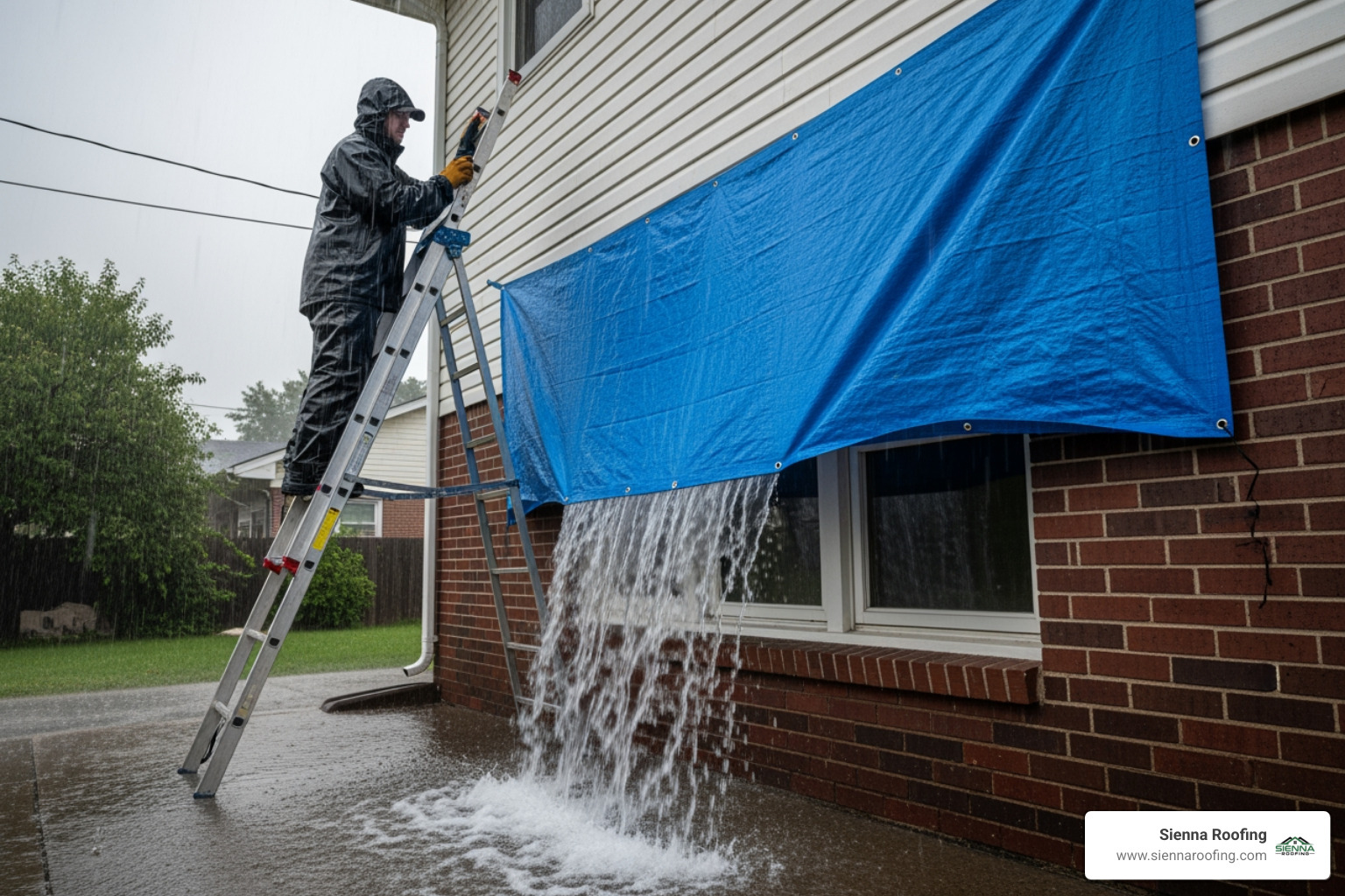 homeowner safely using a tarp to divert water away from their home's foundation - emergency gutter repair near me