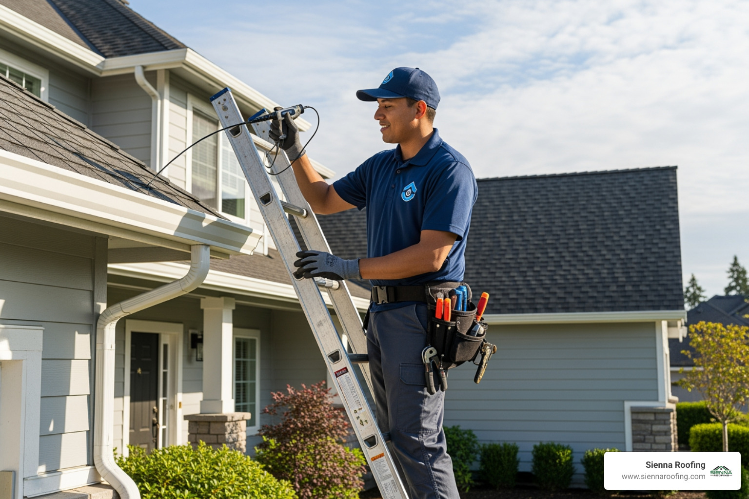 professional and friendly technician in uniform inspecting a gutter system - emergency gutter repair near me