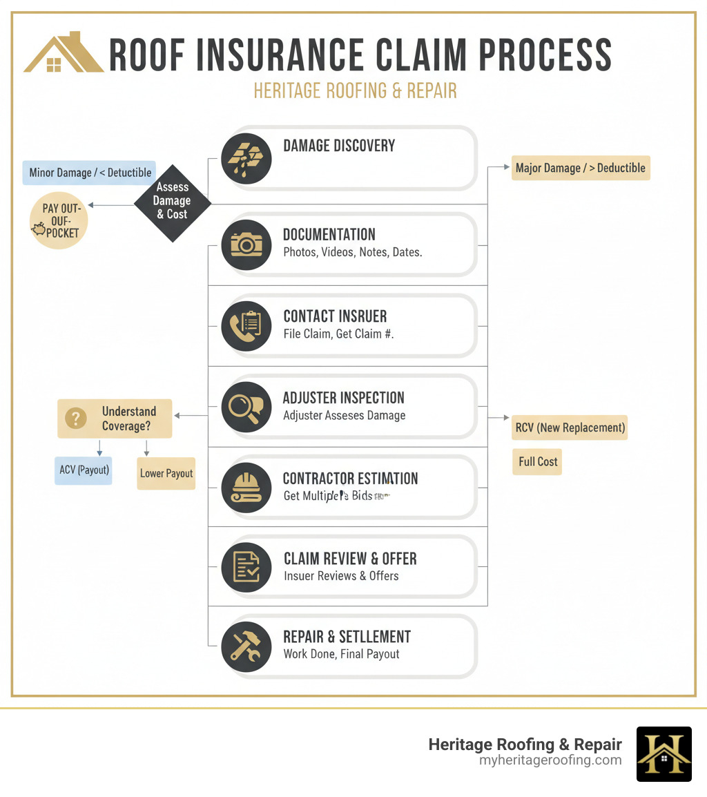 infographic showing the roof insurance claim process from damage discovery through documentation, insurer contact, adjuster inspection, contractor estimates, and final settlement, with icons for each step and key decision points about ACV vs RCV coverage and when to file vs pay out-of-pocket - can i claim roof damage on insurance infographic infographic showing the roof insurance claim process from damage discovery through documentation, insurer contact, adjuster inspection, contractor estimates, and final settlement, with icons for each step and key decision points about ACV vs RCV coverage and when to file vs pay out-of-pocket - can i claim roof damage on insurance infographic