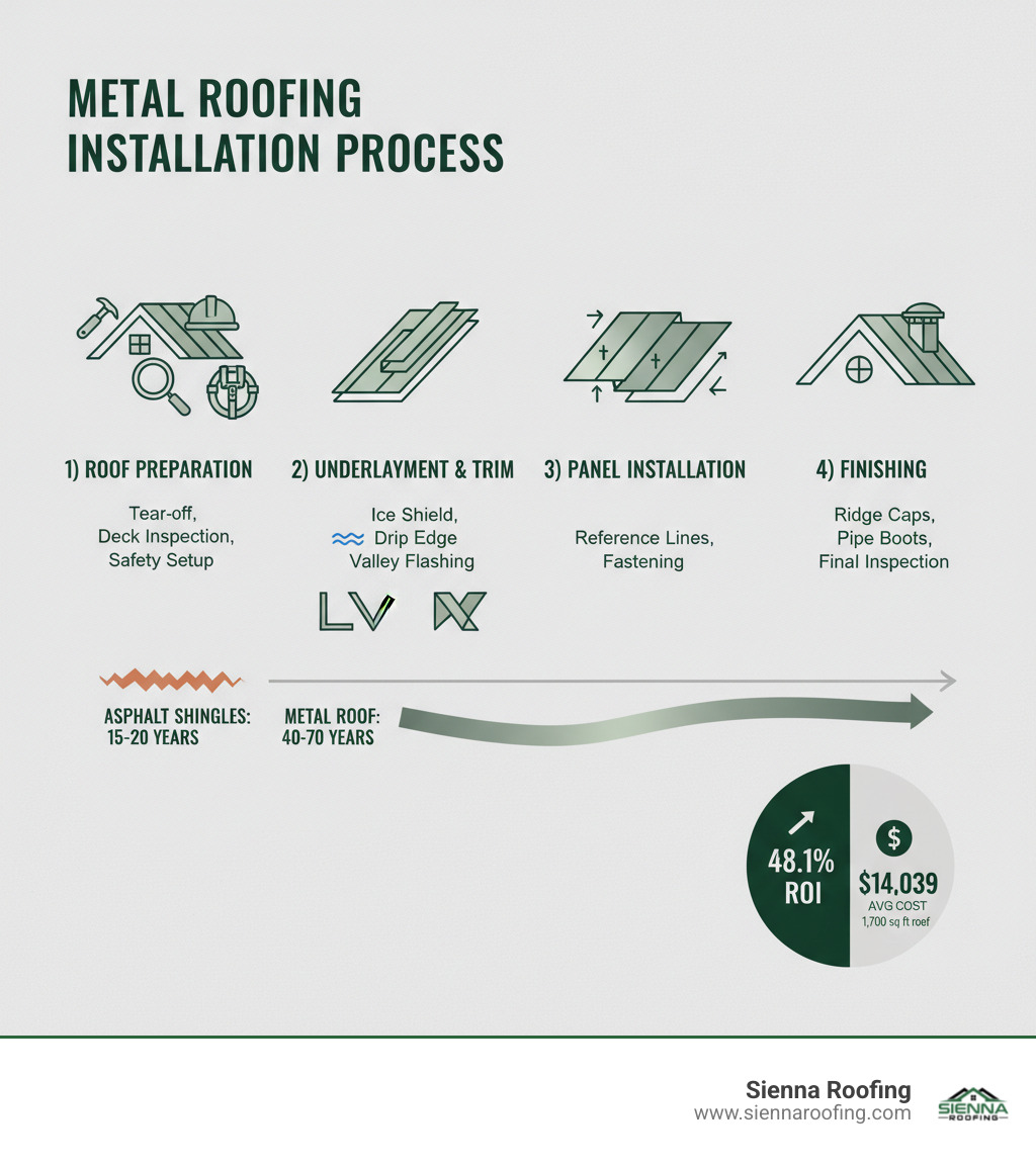 Complete metal roofing installation process infographic showing 4 main steps: 1) Roof Preparation (tear-off, deck inspection, safety setup), 2) Underlayment & Trim (ice shield, drip edge, valley flashing), 3) Panel Installation (reference lines, fastening, overlaps), and 4) Finishing (ridge caps, pipe boots, final inspection). Includes timeline showing 40-70 year lifespan compared to 15-20 years for asphalt shingles, and cost breakdown showing $14,039 average for 1,700 sq ft roof with 48.1% ROI - metal roofing installation infographic 