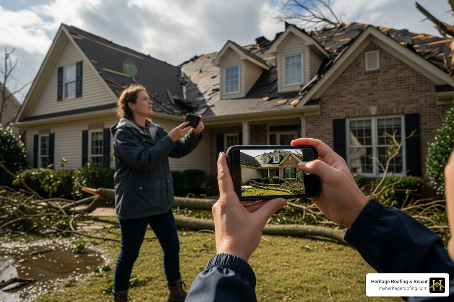 a homeowner safely taking photos of a damaged roof from the ground with a smartphone. - can i claim roof damage on insurance a homeowner safely taking photos of a damaged roof from the ground with a smartphone. - can i claim roof damage on insurance