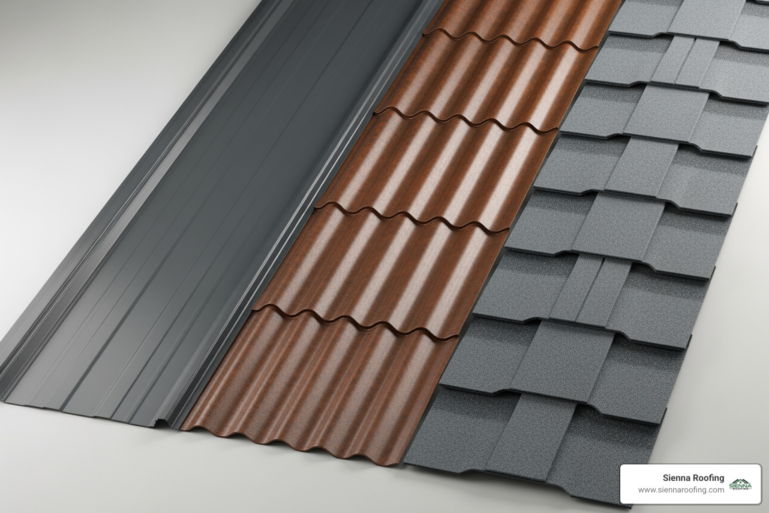Different metal roof panel types (standing seam, corrugated, shingles) side-by-side - metal roofing installation
