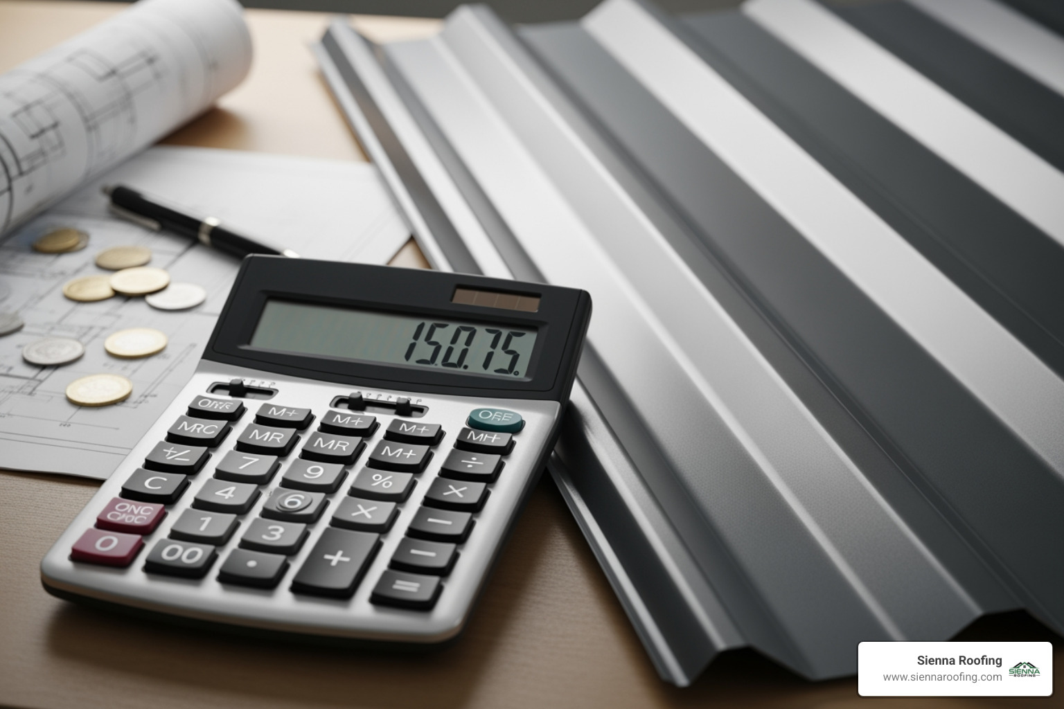 A calculator and a metal roof sample, illustrating cost calculation - metal roofing installation