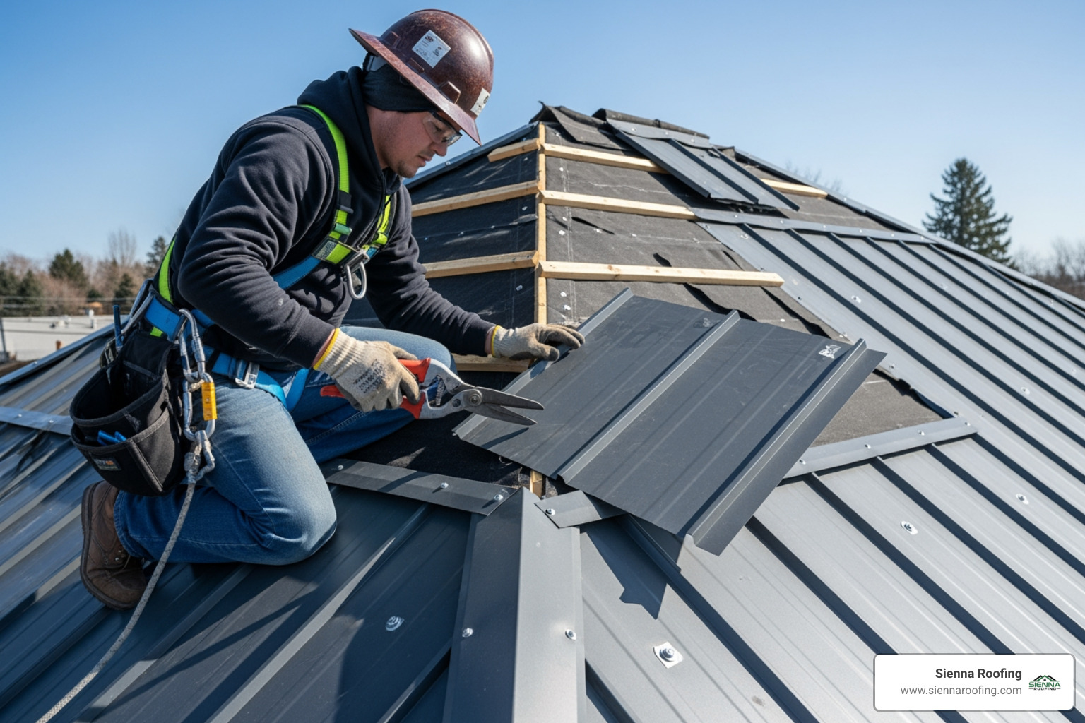 A person safely installing a metal roof panel with proper tools - metal roofing installation