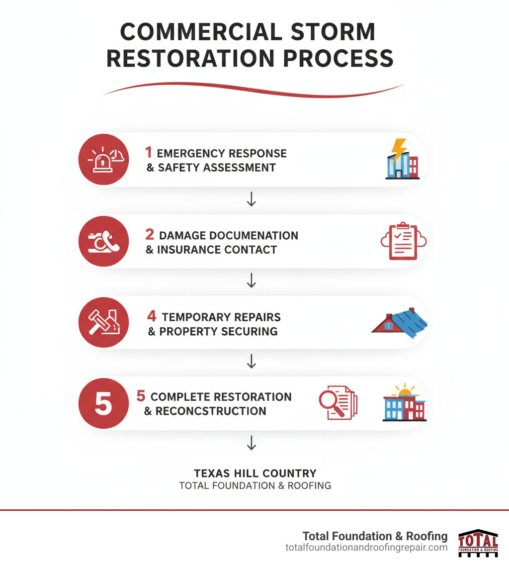 Infographic showing the 5-step commercial storm restoration process: 1) Emergency Response & Safety Assessment, 2) Damage Documentation & Insurance Contact, 3) Temporary Repairs & Property Securing, 4) Professional Inspection & Claim Filing, 5) Complete Restoration & Reconstruction - commercial storm damage infographic 