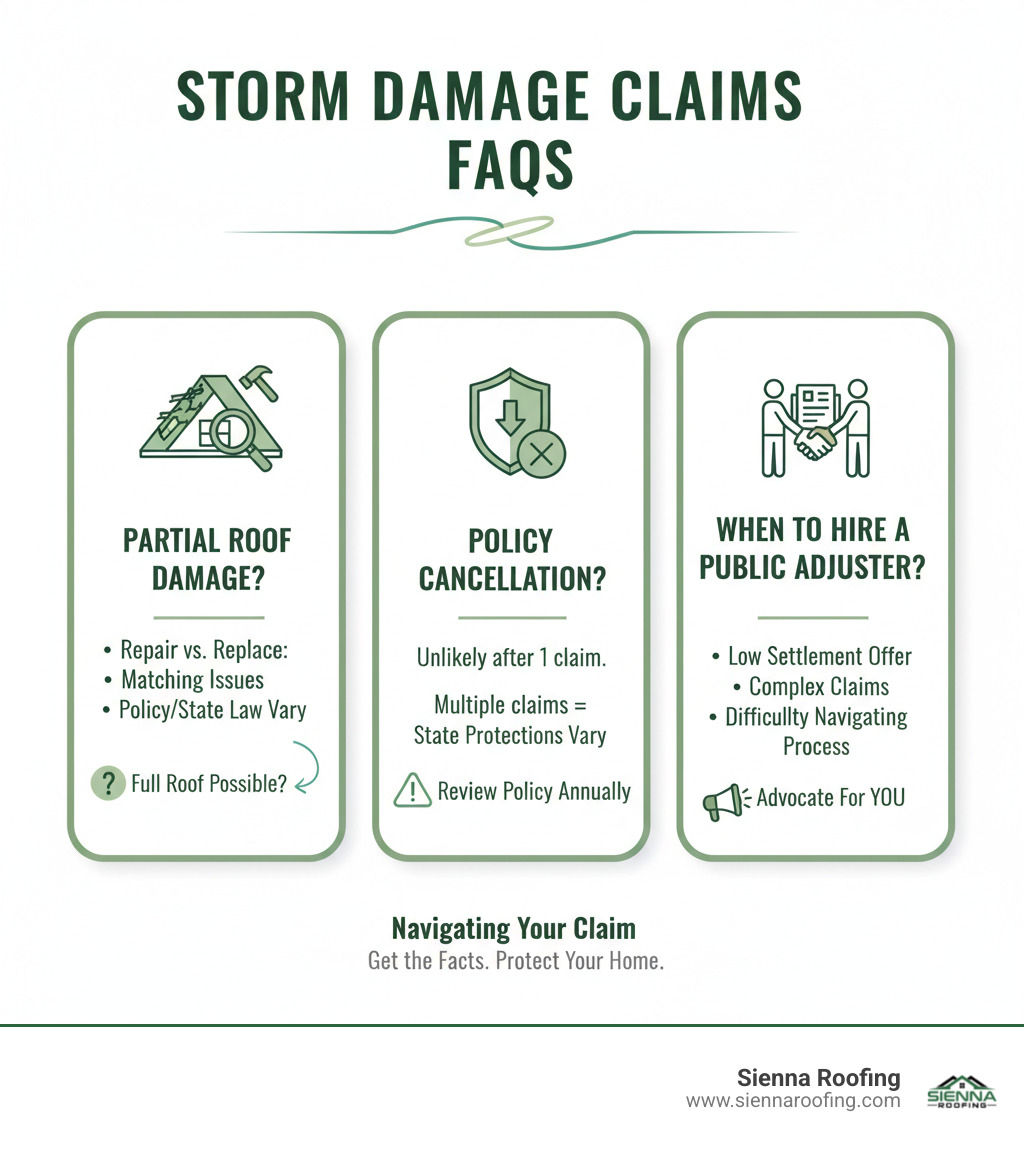 Infographic summarizing common storm damage claims FAQs, including information on partial roof damage, policy cancellation, and when to hire a public adjuster - insurance claims storm damage infographic 