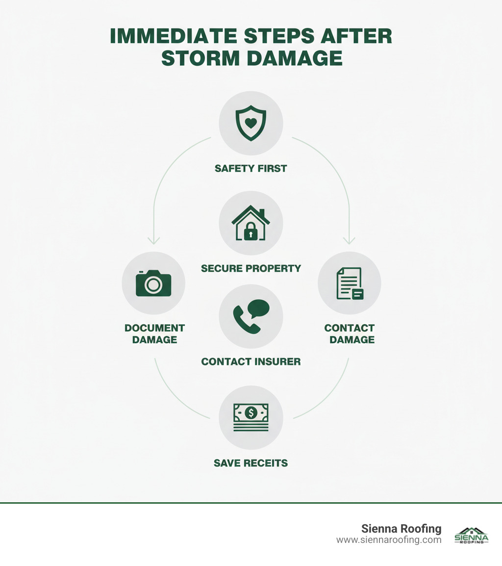 Infographic: Immediate Steps After Storm Damage - Safety First, Secure Property, Document Damage, Contact Insurer, Save Receipts - insurance claims storm damage infographic