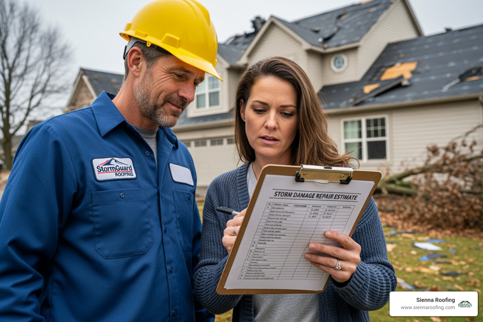 A reputable roofer in a company uniform presents a detailed written estimate for storm damage repairs to a homeowner, who is reviewing it carefully. - insurance claims storm damage