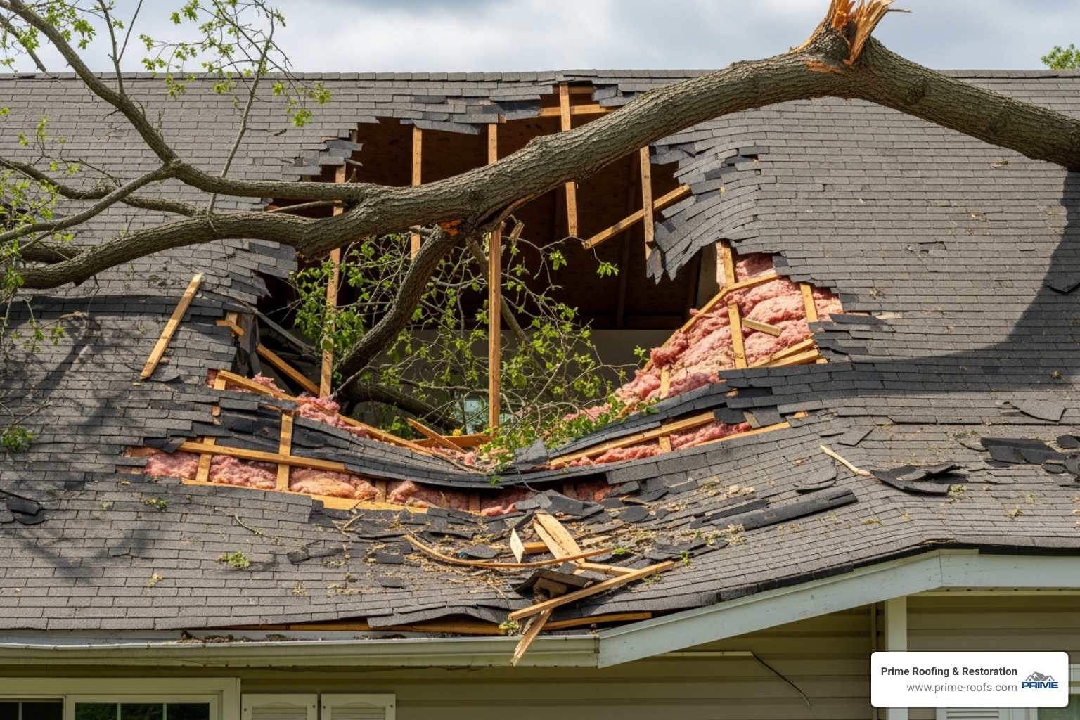 A large tree branch has fallen on a residential roof, creating a significant hole and visible damage. - 24 hour roofing service