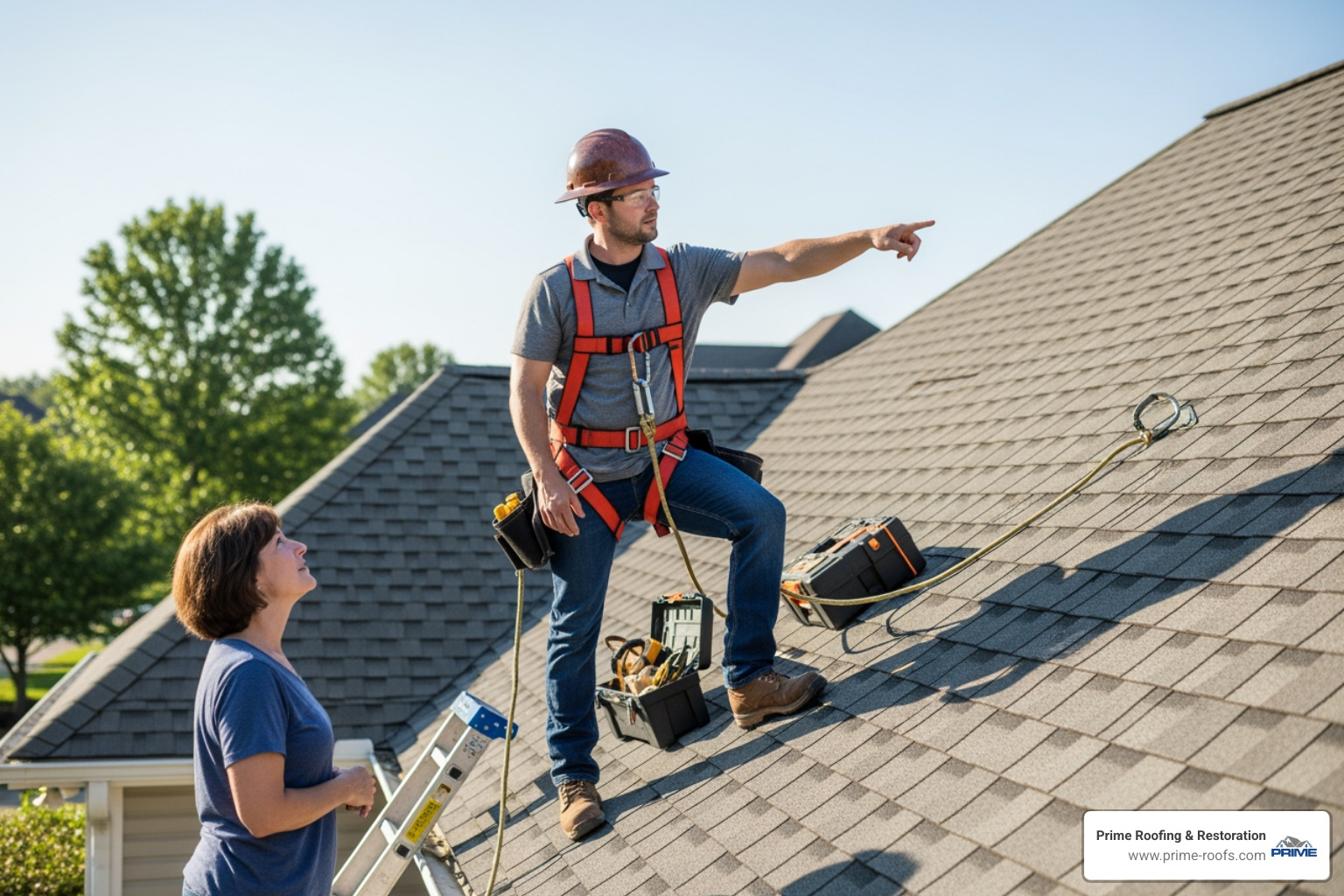 A roofer in a hard hat and safety gear is discussing a repair plan with a homeowner, pointing towards a section of the roof. - 24 hour roofing service