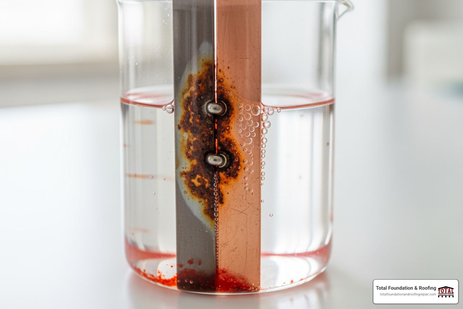 illustration of galvanic corrosion between two different types of metal - gutter guards metal roof
